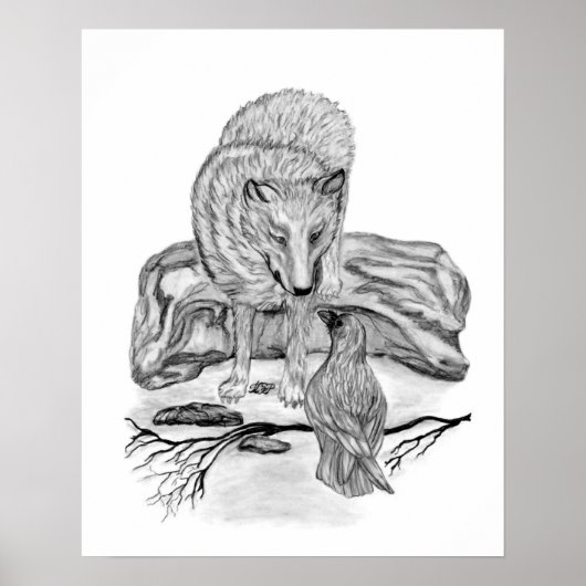 Wolf und Rabe Schwarz-Weiß-Design Poster (Vorne)