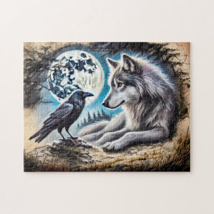 Wolf und Raven auf Rock am Vollmond Puzzle