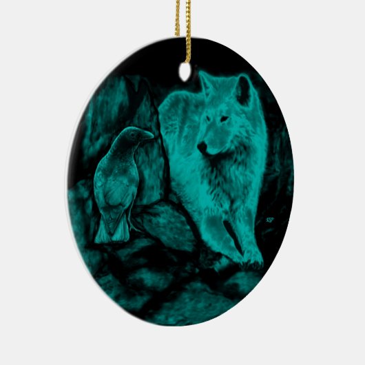 Wolf und Raven in der Nacht Keramik Ornament (Rechts)
