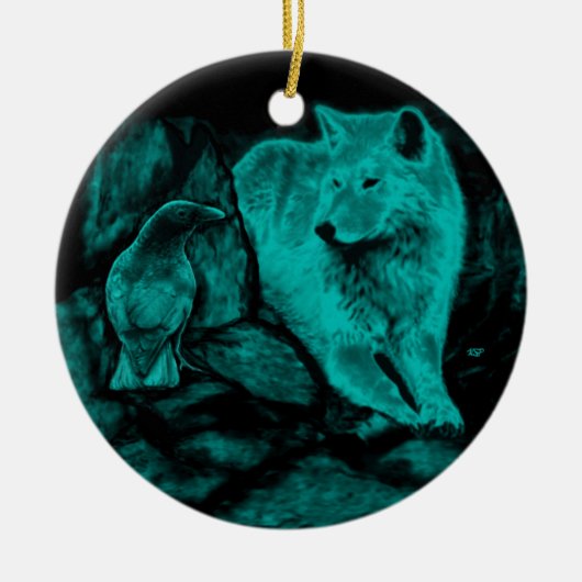 Wolf und Raven in der Nacht Keramik Ornament (Vorne)