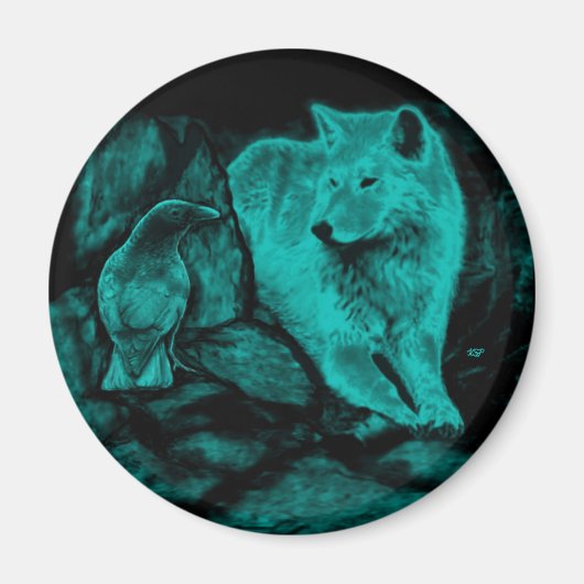 Wolf und Raven in der Nacht Magnet (Vorne)
