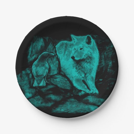 Wolf und Raven in der Nacht Pappteller (Vorderseite)
