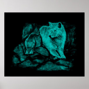 Wolf und Raven in der Nacht Poster