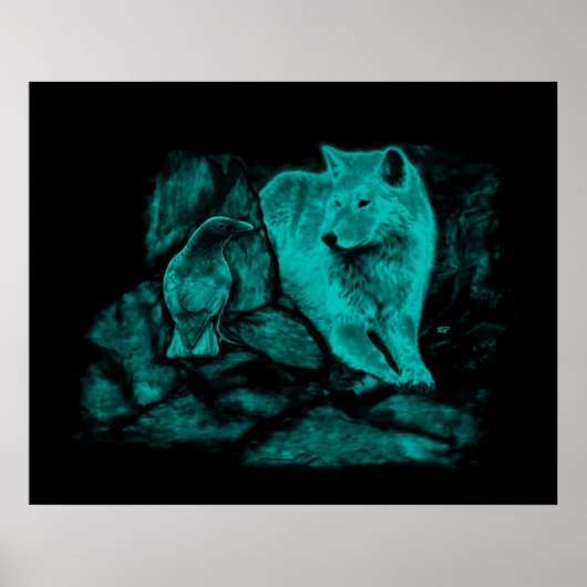 Wolf und Raven in der Nacht Poster (Vorne)