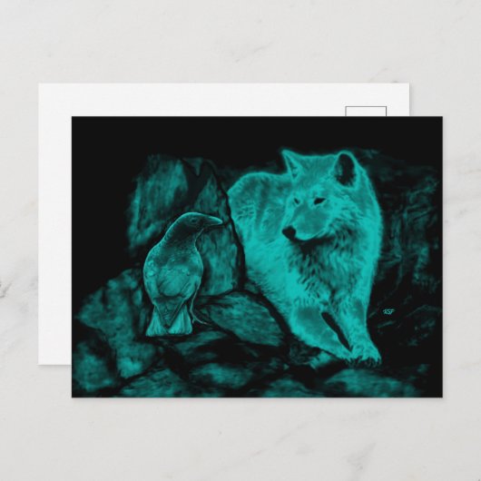 Wolf und Raven in der Nacht Postkarte (Vorne/Hinten)