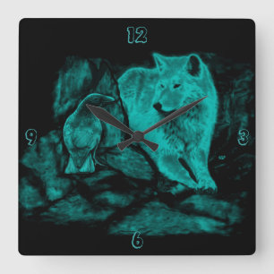 Wolf und Raven in der Nacht Quadratische Wanduhr