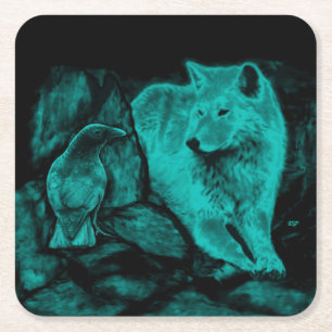 Wolf und Raven in der Nacht Rechteckiger Pappuntersetzer