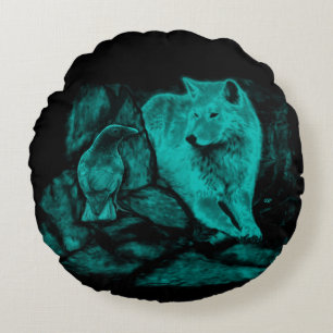Wolf und Raven in der Nacht Rundes Kissen