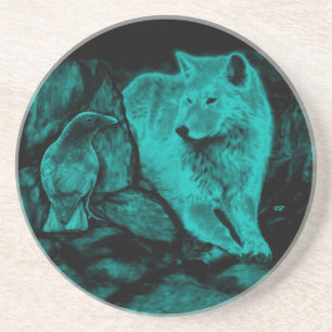 Wolf und Raven in der Nacht Sandstein Untersetzer