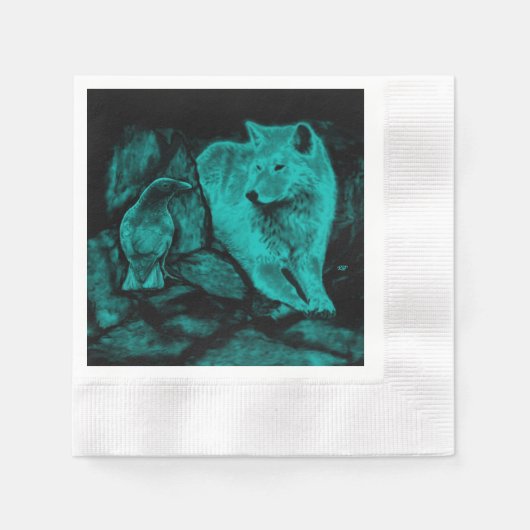 Wolf und Raven in der Nacht Serviette (Vorderseite)