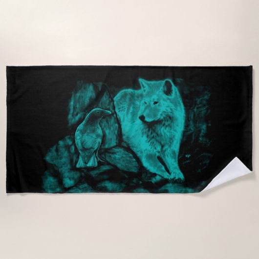Wolf und Raven in der Nacht Strandtuch (Vorderseite)