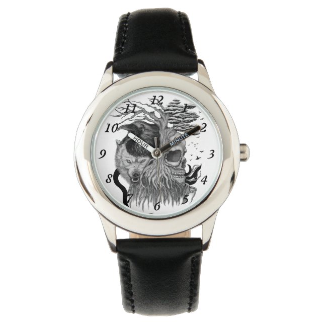 Wolf und Raven mit Skull Armbanduhr (Vorderseite)