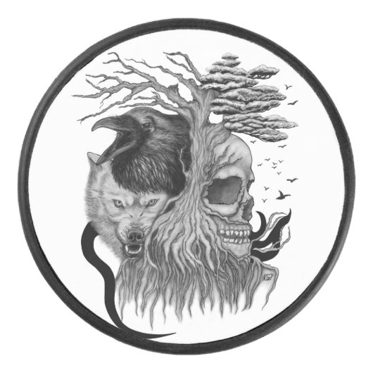 Wolf und Raven mit Skull Eishockey Puck (Vorderseite)