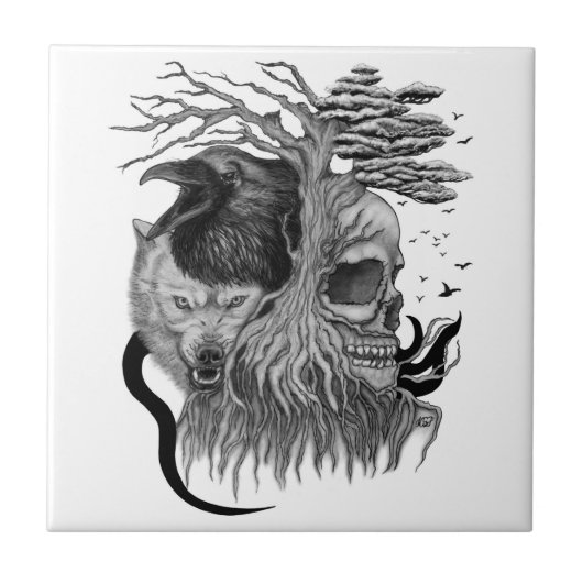Wolf und Raven mit Skull Fliese (Vorderseite)
