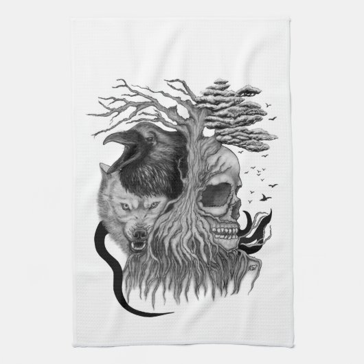 Wolf und Raven mit Skull Geschirrtuch (Vertikal)