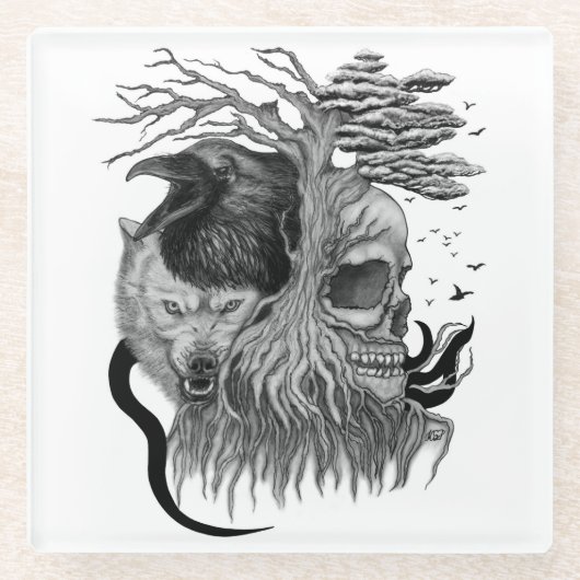 Wolf und Raven mit Skull Glasuntersetzer (Vorderseite)