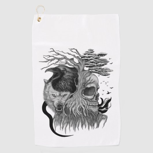 Wolf und Raven mit Skull Golfhandtuch (Vorderseite)