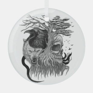 Wolf und Raven mit Skull Ornament Aus Glas