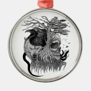 Wolf und Raven mit Skull Ornament Aus Metall