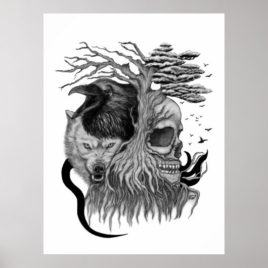 Wolf und Raven mit Skull Poster (Vorne)