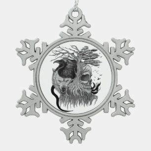 Wolf und Raven mit Skull Schneeflocken Zinn-Ornament