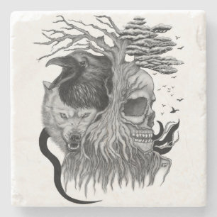 Wolf und Raven mit Skull Steinuntersetzer