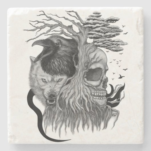 Wolf und Raven mit Skull Steinuntersetzer (Vorderseite)