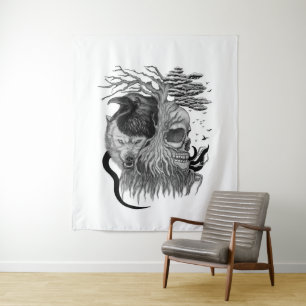 Wolf und Raven mit Skull Wandteppich