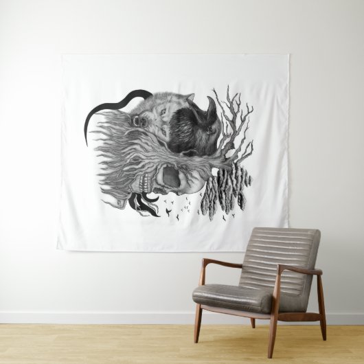 Wolf und Raven mit Skull Wandteppich (Beispiel (Horizontal))