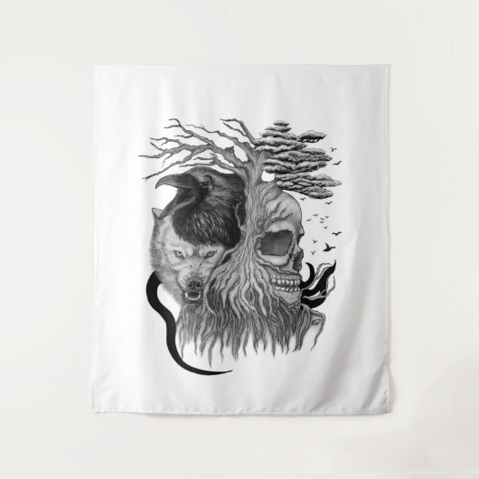Wolf und Raven mit Skull Wandteppich (Vorderseite)