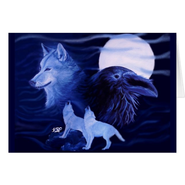 Wolf und Raven mit Vollmond (Vorderseite (Horizontal))