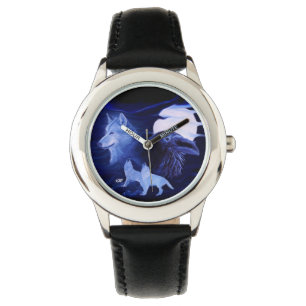 Wolf und Raven mit Vollmond Armbanduhr