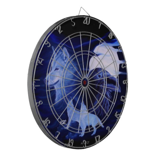 Wolf und Raven mit Vollmond Dartscheibe (Vorderseite Links)