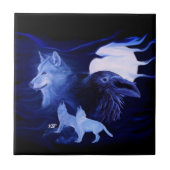 Wolf und Raven mit Vollmond Fliese (Vorderseite)