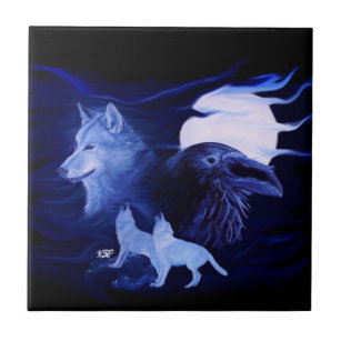 Wolf und Raven mit Vollmond Fliese