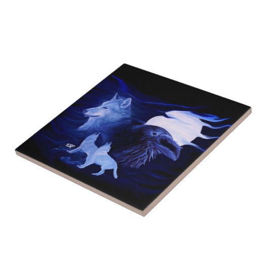 Wolf und Raven mit Vollmond Fliese (Seite)