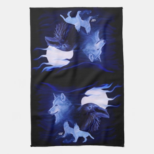 Wolf und Raven mit Vollmond Geschirrtuch (Vertikal)