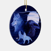 Wolf und Raven mit Vollmond Keramik Ornament (Rechts)