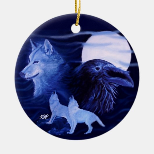 Wolf und Raven mit Vollmond Keramik Ornament (Vorne)