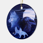 Wolf und Raven mit Vollmond Keramik Ornament (Links)