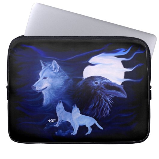 Wolf und Raven mit Vollmond Laptopschutzhülle (Vorderseite)