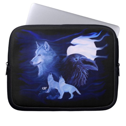 Wolf und Raven mit Vollmond Laptopschutzhülle (Vorderseite)