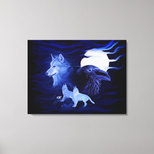 Wolf und Raven mit Vollmond Leinwanddruck (Vorderseite)