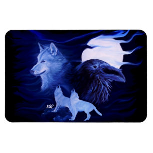 Wolf und Raven mit Vollmond Magnet