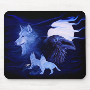 Wolf und Raven mit Vollmond Mousepad
