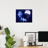 Wolf und Raven mit Vollmond Poster (Heimbüro)