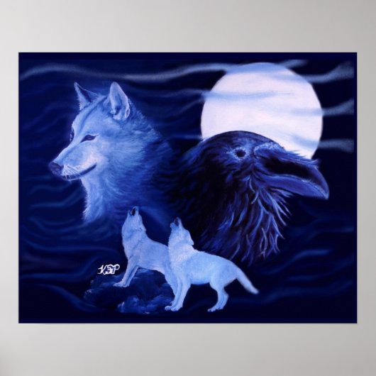 Wolf und Raven mit Vollmond Poster (Vorne)