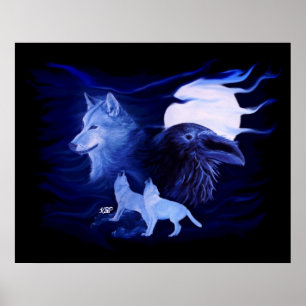 Wolf und Raven mit Vollmond Poster
