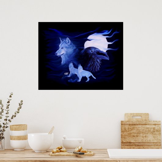 Wolf und Raven mit Vollmond Poster (Küche)