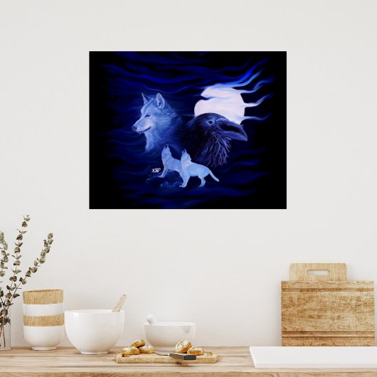 Wolf und Raven mit Vollmond Poster (Küche)